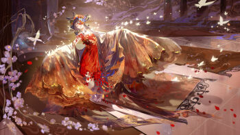 1girl absurdres animal_print artist_request banner bare_shoulders black_hair blue_flower bow-shaped_hair branch bug butterfly butterfly_in_eye butterfly_print chinese_clothes chinese_hairpin closed_eyes dissolving_clothes dress eyelashes fire flower folding_screen full_body hair_flower hair_ornament hair_rings head_tilt highres indoors insect into_screen_ashes_burn_(shining_nikki) kneeling knees light_particles lipstick long_hair long_sleeves makeup nikki_(series) official_art official_wallpaper outstretched_arms parted_lips petals pleated_sleeves print_dress purple_fire purple_flower red_dress red_flower red_lips robe robe_partially_removed rose_petals second-party_source shining_nikki sleeves_past_fingers sleeves_past_wrists solo spanked strapless strapless_dress tile_floor tiles very_long_hair white_butterfly wide_sleeves yellow_flower yellow_robe yuan_huaiyin_(shining_nikki)