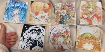 6+girls american_flag_dress arm_up artist&#039;s_hand_in_frame black_sash blonde_hair blue_eyes blue_hair brown_hair chen clownpiece commentary_request fingernails flandre_scarlet flower fork green_eyes green_hair green_hat hat highres jester_cap kagiyama_hina long_hair looking_at_viewer mob_cap multiple_girls open_mouth polka_dot_hat purple_eyes purple_hat red_flower red_nails red_rose rod_of_remorse rose rumia sash shiki_eiki shikishi shinjitsu_no_kuchi smile touhou upper_body white_hat yorigami_shion