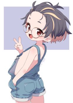 1girl black_hair fang flat_chest glasses loli looking_at_viewer multicolored_hair naked_overalls nassukun open_mouth original overalls red_eyes short_hair solo v webp-to-png_conversion
