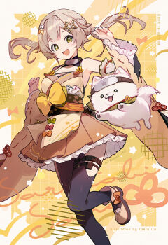 1girl :d armpits artist_name black_thighhighs blush bow breasts brown_hair brown_skirt brown_sleeves cleavage detached_sleeves dog floating_hair green_eyes hair_bow hair_ornament highres inu_(sakamata_chloe) ito_taera long_hair long_sleeves medium_breasts miniskirt open_mouth orange_bow red_ribbon ribbon ribbon-trimmed_sleeves ribbon_trim skirt smile solo star_(symbol) star_hair_ornament thighhighs twintails unifee virtual_youtuber white_bow wide_sleeves