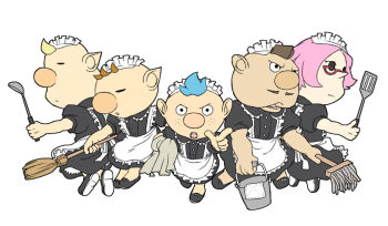 Rule 34 | 1girl, 4boys, alph (pikmin), alternate costume, apron, back bow, big nose, black dress, black eyes, black footwear, blonde hair, blue hair, bow, brittany (pikmin), broom, brown hair, bucket, buttons, center frills, charlie (pikmin), closed eyes, closed mouth, commentary request, crossdressing, crossdressing (mtf), determined, dress, enmaided, expressionless, eyelashes, facial hair, footwear bow, freckles, frilled apron, frills, glasses, holding, holding broom, holding bucket, holding ladle, holding spatula, holding towel, jumping, ladle, light frown, looking at viewer, louie (pikmin), lower teeth only, maid, maid headdress, medium dress, multiple boys, mustache, naru (wish field), nintendo, olimar, open mouth, pale skin, pikmin (series), pink hair, pointing, pointing at viewer, pointy ears, pointy nose, puffy short sleeves, puffy sleeves, red-framed eyewear, ribbon, shoes, short hair, short sleeves, simple background, solid eyes, spatula, straight-on, teeth, towel, v-shaped eyebrows, very short hair, waist apron, white apron, white background, white bow, white ribbon