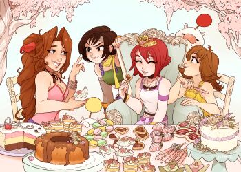 4girls absurdres aerith_gainsborough armband bangle bare_shoulders belt black_camisole black_choker black_hair bracelet braid braided_ponytail breasts brown_hair cake camisole cat chair choker cleavage closed_eyes colored_sclera creature crop_top cupcake dessert dress fancy_dessert final_fantasy final_fantasy_vii final_fantasy_viii fingerless_gloves food furrowed_brow gloves green_shirt hair_between_eyes hair_ribbon headband highres holding holding_food jewelry kairi_(kingdom_hearts) kingdom_hearts long_hair looking_at_another macaron medium_breasts medium_hair moogle multiple_girls necklace official_alternate_costume orange_gloves overalls parted_bangs parted_lips pink_dress pink_skirt princess purple_armband purple_belt red_hair red_ribbon ribbon ribbon_choker selphie_tilmitt shirt shirt_under_shirt short_hair silver_bangle single_braid skirt skirtzzz sleeveless sleeveless_dress smile spaghetti_strap strapless table tea_party tiara tree tube_top upper_body white_camisole yellow_overalls yellow_sclera yuffie_kisaragi