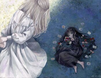 2girls arms_behind_back barefoot black_dress black_hair blonde_hair bouquet commentary_request dress flower grass highres holding holding_bouquet leaning_forward long_hair long_sleeves lying monou_pico multiple_girls on_grass original outdoors very_long_hair white_dress
