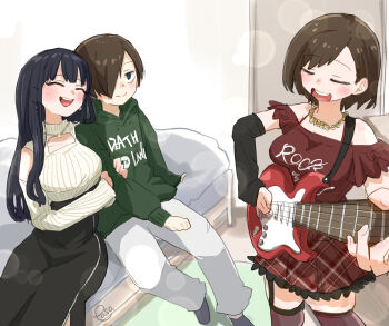 1boy 2girls arm_hug bare_shoulders black_hair black_skirt blush boku_no_kokoro_no_yabai_yatsu breasts cleavage_cutout closed_eyes closed_mouth clothing_cutout earrings electric_guitar green_hoodie guitar hair_over_one_eye hetero highres holding_another&#039;s_arm hood hoodie ichikawa_kana ichikawa_kyoutarou indoors instrument jewelry large_breasts lens_flare long_hair long_skirt long_sleeves multiple_girls music necklace off-shoulder_shirt off_shoulder open_mouth pants paso plaid_clothes plaid_skirt pleated_skirt red_shirt red_skirt red_thighhighs ringed_eyes shirt short_hair shoulder_cutout signature singing sitting skirt small_breasts smile standing sweater thighhighs upper_body white_pants white_sweater yamada_anna zipper_skirt