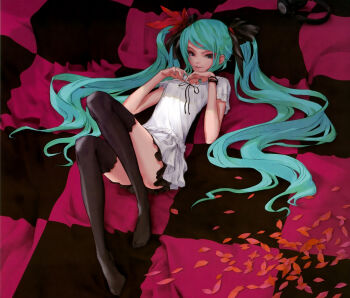 1girl absurdres black_thighhighs female_focus full_body green_hair hatsune_miku hatsune_miku_(supreme) headphones highres long_hair lying petals redjuice reference_work scan solo swept_bangs thighhighs twintails very_long_hair vocaloid world_is_mine_(vocaloid) zettai_ryouiki