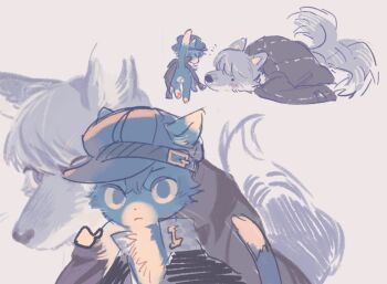 animal animal_focus animalization black_jacket blue_eyes cat closed_mouth clothed_animal commentary_request grey_background grey_eyes hat highres jacket korean_commentary looking_at_viewer multiple_views narukami_yu persona persona_4 school_uniform shirogane_naoto simple_background tail tail_wagging wolf xikq0py yasogami_school_uniform