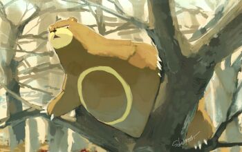 animal_focus bear black_eyes claws gen_2_pokemon hashtag-only_commentary highres in_tree nintendo no_humans outdoors pokemon pokemon_(creature) sakuraiisui signature solo tree ursaring