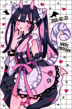 Rule 34 | 1boy, :p, animal ear fluff, animal ears, apron, black hair, bracelet, cho kaguya-hime!, commentary request, cowboy shot, crossdressing, crossdressing (mtf), dated, frilled apron, frilled kimono, frills, hand up, happy birthday, heart, highres, hiyori yuyu, horns, japanese clothes, jewelry, kimono, kimono dress, komazawa noi, long hair, long sleeves, looking at viewer, male focus, multicolored hair, pink eyes, pink horns, pink kimono, pink ribbon, pink streaks, ribbon, smile, solo, sparkle, standing, streaked hair, tail, tiger ears, tiger tail, tongue, tongue out, trap, twintails, waist apron, white apron, white background