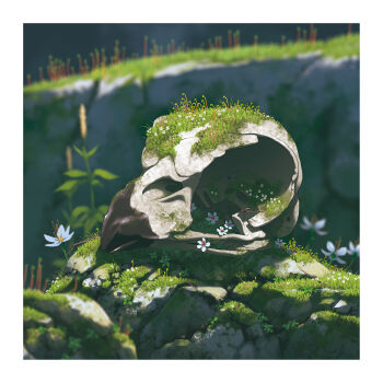 absurdres beak bone border close-up commentary day english_commentary flower grass highres lorenzo_lanfranconi moss no_humans original painterly rock scenery skull white_border white_flower