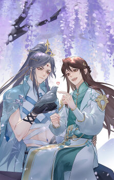 &gt;:) 2boys :d aqua_hanfu aqua_pants aqua_robe aqua_sash bandaged_torso bird bird_on_hand black_gloves black_pants blue_cape brown_eyes brown_hair cape chinese_clothes chinese_commentary closed_mouth coat crop_top curtained_hair eyeliner feet_out_of_frame flower flower_ornament gloves grey_hair hair_between_eyes hair_ornament hair_stick half_updo hand_on_another&#039;s_hip hanfu head_chain high_ponytail highres hua_yi_shanxin_zhiyue jewelry leaf_hair_ornament ling_(hua_yi_shanxin_zhiyue) long_hair long_sleeves looking_at_animal makeup male_focus mandarin_collar midriff multiple_boys navel_piercing open_mouth pants parted_bangs pelvic_curtain piercing ponytail purple_flower red_eyeliner robe sash see-through_cape see-through_clothes shirt shoulder_guard sidelocks sitting sitting_on_lap sitting_on_person smile teeth the_prince_(hua_yi_shanxin_zhiyue) tree uka_(azraeluka) upper_teeth_only v-shaped_eyebrows very_long_hair waist_sash white_coat white_shirt wisteria xiao_guan_(headdress) yaoi yaopei yellow_eyes yuanlingpao