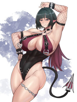 1girl animal_ears biceps black_eyes black_hair black_leotard breasts feet_out_of_frame fishnet_sleeves fishnets hand_on_own_hip highres jane_doe_(nocturne_of_light)_(zenless_zone_zero) jane_doe_(zenless_zone_zero) koucha_indian large_breasts leotard looking_at_viewer mouse_ears mouse_girl mouse_tail official_alternate_costume pointy_ears short_hair smile solo standing tail zenless_zone_zero