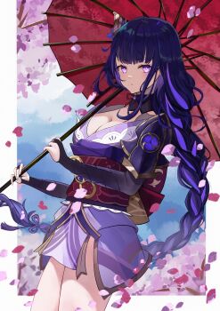 1girl armor back_bow blue_pupils blue_sky blunt_bangs blurry blurry_background bow braid breasts cherry_blossoms cleavage clothing_cutout cloud cloudy_sky commentary_request electro_symbol_(genshin_impact) falling_petals genshin_impact glowing glowing_eyes hair_ornament highres holding holding_umbrella japanese_clothes kimono large_breasts long_braid long_hair looking_at_viewer looking_to_the_side mitsudomoe_(shape) multicolored_eyes multicolored_hair neck_ribbon no_mole off_shoulder oil-paper_umbrella outdoors petals pink_petals purple_eyes purple_hair purple_kimono raiden_shogun red_ribbon red_sash ribbon sash shade shoulder_armor shoulder_cutout single_braid sky solo standing streaked_hair thighs tomoe_(symbol) tree umbrella upper_body wodex1nhao1eng
