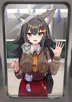1girl :d against_glass animal_ear_fluff animal_ears aran_sweater black_hair breast_press breasts breasts_on_glass brown_shirt brown_sweater cable_knit collared_shirt commentary_request double-parted_bangs drawn_heart flipped_hair hair_ornament hairclip hands_up heart highres hololive large_breasts long_hair looking_at_viewer miofa_(ookami_mio) multicolored_hair necktie official_alternate_costume ookami_mio ookami_mio_(10th_costume) open_mouth plaid_clothes plaid_skirt pleated_skirt red_hair school_uniform shirt short_necktie sidelocks skirt smile solo spiked_hair straight-on streaked_hair sweater sweater_tucked_in train virtual_youtuber wolf_ears wolf_girl woogi_(duguddnr) yellow_eyes yellow_necktie