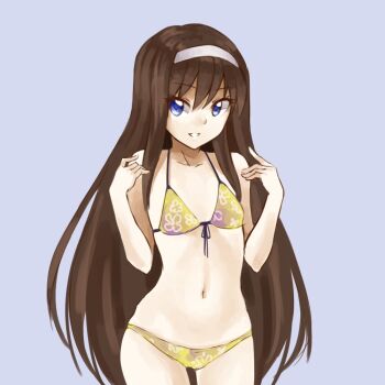 Rule 34 | 00s, 1girl, bikini, blue eyes, brown hair, female focus, flat chest, hairband, imageboard colors, long hair, navel, pas (paxiti), simple background, solo, swimsuit, tohno akiha, tsukihime, very long hair, yellow bikini