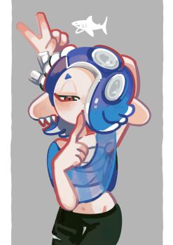 1girl aluy01 blue_hair blush capelet chest_sarashi finger_to_mouth grey_background hair_over_one_eye navel nejiri_hachimaki nintendo octoling open_mouth redrawn sarashi shiver_(deep_cut_outfit)_(splatoon) shiver_(splatoon) solo splatoon_(series) splatoon_3 tentacle_hair v