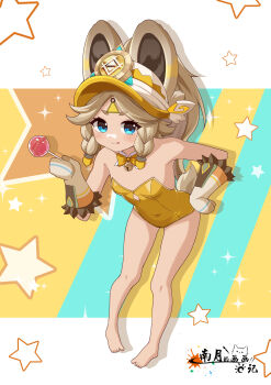 Rule 34 | 1girl, absurdres, animal ears, barefoot, blue eyes, bow, bowtie, candy, chinese commentary, commentary request, food, genshin impact, gloves, highres, kachina (genshin impact), leotard, lollipop, solo, tongue, tongue out, variant set, yaoli (ysxbd), yellow bow, yellow bowtie, yellow leotard