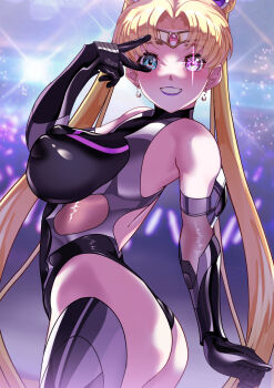 1girl absurdres arion_canvas ass bishoujo_senshi_sailor_moon blonde_hair blue_eyes blush bodysuit breasts covered_erect_nipples earrings elbow_gloves gloves highres jewelry large_breasts long_hair looking_at_viewer magical_girl sailor_moon skin_tight taimanin_(series) taimanin_suit twintails v v_over_eye