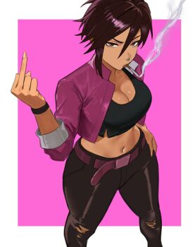 1girl belt black_pants breasts brown_eyes brown_hair cigarette cleavage closed_mouth commentary crop_top cropped_jacket dispatch english_commentary face_piercing feet_out_of_frame hair_between_eyes hand_up highres invisigal jacket large_breasts long_sleeves looking_at_viewer looking_up middle_finger midriff mugi_(mugit49) navel nose_piercing pants piercing pink_jacket purple_belt shirt short_hair smoke solo standing thighs