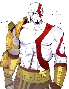 1boy abs absurdres armor arms_at_sides bald belt biceps black_eyes bodypaint chain chain_around_arm clenched_hands closed_mouth collarbone colored_skin cowboy_shot deltoids facial_hair goatee god_of_war gold_armor greek_key highres isaacchief300 kratos_(god_of_war) lips looking_at_viewer male_focus nipples nose obliques pectorals pelvic_curtain scar scar_across_eye scar_on_face scar_on_stomach shoulder_armor simple_background standing strongman_waist trapezius vambraces white_background white_skin