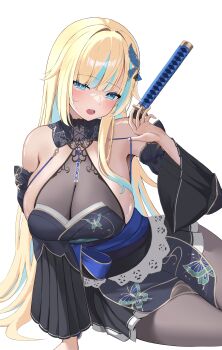 1girl absurdres aizawa_ema aizawa_ema_(5th_costume) animal_print arm_support black_pantyhose black_sleeves blonde_hair blue_eyes blue_hair breasts butterfly_print detached_sleeves hair_bun hair_flaps hand_up hashtag-only_commentary highres japanese_clothes katana kimono large_breasts long_hair looking_at_viewer multicolored_hair official_alternate_costume open_mouth p-tomi pantyhose pleated_sleeves see-through_cleavage see-through_clothes short_kimono sideless_kimono simple_background single_side_bun sitting sleeveless sleeveless_kimono solo streaked_hair sword sword_on_back teeth upper_teeth_only very_long_hair vspo! weapon weapon_on_back white_background wide_sleeves yokozuwari