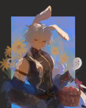 1boy a_date_with_death animal_ears basket bishounen border casper_(a_date_with_death) closed_mouth easter flower ghost gloves grey_border highres holding holding_basket kemonomimi_mode looking_at_viewer makikiart male_focus rabbit_ears red_eyes sleeveless white_hair yellow_flower
