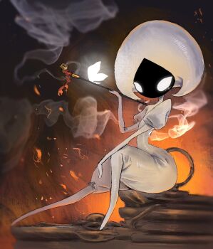 Rule 34 | 1girl, arthropod girl, arthropod limbs, black background, black skin, blank eyes, bodysuit, brown background, bug, cliff, colored skin, dzr027, elbow on knee, firefly, glowing, glowing eyes, gradient background, hashtag-only commentary, hat, helmet, highres, holding, holding smoking pipe, hollow knight, hollow knight: silksong, insect, juliet sleeves, lace (hollow knight), light particles, long sleeves, looking at viewer, on ground, orange background, puffy sleeves, red ribbon, ribbon, rock, sitting, smoke, smoking pipe, solo, thighs, white bodysuit, white hat, white helmet