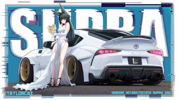 1girl absurdres animal_ear_fluff animal_ears artist_name bare_shoulders black_hair black_nails black_shoes blunt_bangs blunt_ends blush bouquet bow breasts bright_pupils car character_name cleavage commentary copyright_logo dress dress_bow elbow_gloves feet flower fox_ears fox_girl full_body gloves halter_dress halterneck high_heels highres holding holding_bouquet holding_flower hoshimi_miyabi inset_border large_breasts legs logo long_hair looking_at_viewer motor_vehicle nail_polish procreate_(medium) red_eyes see-through_cleavage see-through_clothes see-through_dress shoes side-view_mirror side_slit smile solo spoiler_(automobile) sports_car standing taylorcat thighs toenail_polish toenails toes toyota toyota_supra toyota_supra_mk_v vehicle_muffler vehicle_name very_long_ears very_long_hair white_background white_bow white_dress white_gloves white_pupils yellow_flower zenless_zone_zero