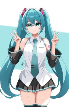 1girl absurdres aqua_eyes aqua_hair aqua_necktie black_skirt black_sleeves black_thighhighs cats_in_abox commentary commission cowboy_shot detached_sleeves double_v english_commentary hands_up hatsune_miku head_tilt highres long_hair looking_at_viewer necktie number_tattoo pleated_skirt shiny_skin shirt signature skirt sleeveless sleeveless_shirt solo tattoo thigh_gap thighhighs tie_clip twintails v very_long_hair vocaloid wing_collar zettai_ryouiki