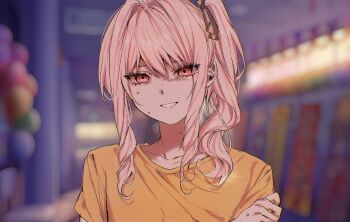 1other akiyama_mizuki blurry blurry_background brown_ribbon depth_of_field disgust empty_eyes false_smile hair_ribbon hand_on_own_arm holding_own_arm keikyoku_no_machi_wa_doko_e_(project_sekai) komeng_64 pink_eyes pink_hair project_sekai ribbon shirt side_ponytail sidelocks smile sweat yellow_shirt