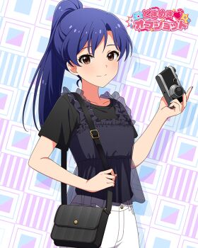 1girl bag black_bag black_shirt blue_hair blue_nails brown_eyes camera closed_mouth commentary_request cowboy_shot fingernails game_cg holding holding_camera holding_strap idolmaster idolmaster_(classic) idolmaster_million_live! idolmaster_million_live!_theater_days kisaragi_chihaya light_smile long_hair looking_at_viewer nail_polish official_alternate_hairstyle official_art pants ponytail shirt short_sleeves shoulder_bag solo split_mouth third-party_source white_pants