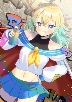 1girl ahoge aqua_hair blonde_hair blue_eyes blue_sailor_collar blue_skirt blush can collarbone commission copyright_request covered_collarbone crop_top gradient_hair graffiti grin groin hair_between_eyes hand_on_own_hip holding holding_can kou_hiyoyo long_sleeves midriff multicolored_hair navel neckerchief off-shoulder_shirt off_shoulder pleated_skirt puffy_long_sleeves puffy_sleeves sailor_collar shirt skeb_commission skirt smile solo spray_can v-shaped_eyebrows white_shirt yellow_neckerchief