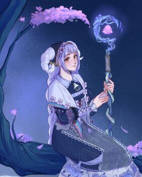 1girl apron bell black_dress black_headscarf blunt_bangs braid brown_eyes brown_hairband closed_mouth commentary country_lolita cross-laced_clothes cross-laced_sleeves curled_horns dress english_commentary eyelashes feet_out_of_frame floral_print flower frilled_sleeves frills hair_flower hair_ornament hairband happy headscarf highres holding holding_staff horns horns_through_headwear infinity_nikki lace-trimmed_apron lace_trim lipstick lolita_fashion long_dress long_hair long_sleeves looking_at_viewer low_twin_braids makeup neck_bell night night_sky nikki_(series) on_branch outdoors pastoral_dance_(infinity_nikki) pink_lips purple_flower purple_hair rose_print see-through_apron see-through_clothes shawl sheep_horns sitting sitting_on_branch sky smile solo staff star_(sky) starry_sky twin_braids vanekairi very_long_hair white_apron white_horns white_shawl