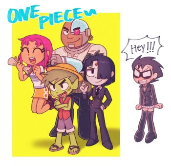 2girls 3boys beast_boy_(dc) black_hair blush boots buttons cigarette clenched_teeth closed_eyes closed_mouth colored_skin commentary copyright_name cosplay crossdressing crossed_arms cyborg cyborg_(dc) dc_comics dick_grayson earrings english_commentary english_text formal_clothes full-face_blush full_body green_skin hand_in_pocket haramaki hat highres holding holding_cigarette holding_map jewelry katana kojirou_(mesurf1) long_hair long_sleeves map mask miniskirt monkey_d._luffy monkey_d._luffy_(cosplay) multiple_boys multiple_girls name_connection nami_(one_piece) nami_(one_piece)_(cosplay) nami_(one_piece)_(east_blue) nico_robin nico_robin_(cosplay) nico_robin_(water_7) one_piece pants pink_hair purple_hair raven_(dc) robin_(dc) roronoa_zoro roronoa_zoro_(cosplay) sandals sanji_(one_piece) sanji_(one_piece)_(cosplay) shirt short_sleeves skirt smile starfire straw_hat suit sweatdrop sword teen_titans teen_titans_go! teeth thigh_boots weapon