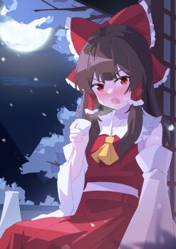 1girl absurdres ascot blush bow breath brown_hair chinese_commentary choko_(cup) commentary_request cup detached_sleeves frilled_bow frilled_hair_tubes frills full_moon hair_bow hair_tubes hakurei_reimu highres holding holding_cup long_hair looking_at_viewer moon night red_bow red_eyes red_skirt sdftehn skirt skirt_set sky solo touhou