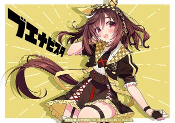 1girl animal_ears blush braid breasts brown_hair buena_vista_(umamusume) commentary_request hair_between_eyes hair_ornament horse_ears horse_girl horse_tail long_hair looking_at_viewer medium_breasts necktie open_mouth simple_background tail teeth thighs umamusume upper_teeth_only yellow_background zest_(lossol)