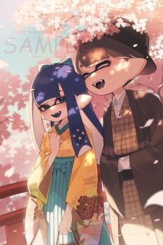 1boy 1girl artist_name black_hat blue_hair blue_tongue blunt_bangs bow brown_hair brown_haori brown_kimono bucket_hat cherry_blossoms closed_eyes collared_shirt colored_tongue commentary commission dress_shirt english_commentary falling_petals fangs film_grain floral_print floral_print_kimono green_bow green_eyes green_hakama hair_bow hakama hakama_skirt hand_up hands_in_opposite_sleeves haori hat highres inkling inkling_boy inkling_girl inkling_player_character japanese_clothes kimono long_hair long_sleeves looking_at_another nintendo open_mouth outdoors petals pointy_ears prat_rat print_kimono sample_watermark shirt short_hair skirt smile splatoon_(series) tentacle_hair watermark white_shirt wide_sleeves yellow_kimono
