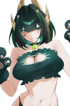 1girl alternate_costume animal_hands bell breasts cat_cutout cat_paws choker cleavage_cutout clothing_cutout collarbone ei_(eiei_e1) evil_grin evil_smile genshin_impact gloves green_choker green_eyes green_hair green_panties green_tube_top grey_hair grin highres large_breasts looking_at_viewer mark_under_eye mole mole_under_eye navel neck_bell nefer_(genshin_impact) panties paw_gloves short_hair simple_background smile solo stomach strapless tube_top underwear white_background