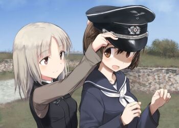2girls black_vest blue_sky brave_witches brown_eyes brown_hair day edytha_rossmann happy hat karibuchi_hikari looking_at_another military military_hat military_uniform multiple_girls official_art open_mouth outdoors sailor_collar school_uniform shimada_fumikane short_hair sky upper_body vest white_hair white_sailor_collar world_witches_series