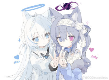Rule 34 | 2girls, animal ears, blue eyes, bow, cat ears, dddeucediebu, grey hair, hair bow, multicolored eyes, multiple girls, original, red eyes, simple background, twintails, victory pose, white bow, white hair, yuri