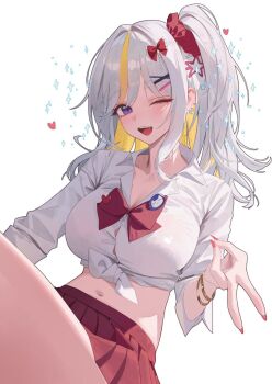 1girl badge blush bow bracelet breasts button_badge button_gap buttons cleavage collarbone colored_inner_hair commentary crop_top english_commentary gold_bracelet gyaru gyaru_v hair_between_eyes hair_intakes hair_ornament hand_up heart highres itsuka_(miresi) jewelry large_breasts long_hair long_sleeves looking_at_viewer midriff miniskirt miresi:_invisible_future multicolored_hair nail_polish navel one_eye_closed pink_nails pleated_skirt purple_eyes red_bow red_skirt school_uniform second-party_source shirt side_ponytail simple_background skirt sleeves_rolled_up solo sparkle star_(symbol) star_hair_ornament streaked_hair teeth thighs tied_shirt upper_teeth_only v very_long_hair white_background white_hair white_shirt x_hair_ornament xi_xeong