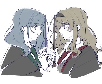 2girls aqua_hair blonde_hair blunt_bangs closed_mouth collared_shirt commentary_request couple bad_tag from_side green_eyes gyosite hair_between_eyes hanayagi_kaoruko harry_potter_(series) headband highres hogwarts_school_uniform holding holding_wand light_smile looking_at_another multiple_girls necktie red_eyes robe saijou_claudine school_uniform shirt shoujo_kageki_revue_starlight wand wavy_hair wizarding_world yuri