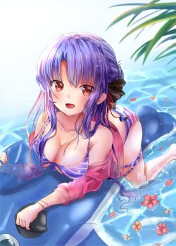 1girl :d alternate_costume bare_shoulders barefoot bikini black_bow blue_bikini blush bow bracelet braid breasts cherry_blossoms cleavage collarbone commentary_request crown_braid day flower flower_on_liquid foot_out_of_frame hair_bow hair_bun hair_over_shoulder hair_ribbon inflatable_dolphin inflatable_toy jewelry kurage_(kurage19) large_breasts long_sleeves lying on_stomach open_clothes open_mouth open_shirt outdoors pink_shirt red_eyes red_flower red_ribbon ribbon shirt shirt_partially_removed sidelighting sidelocks single_hair_bun smile solo sorakado_ao striped_bikini striped_clothes summer_pockets swimsuit thigh_strap water wet