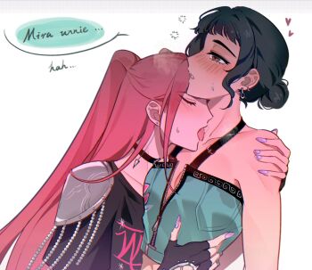 Rule 34 | 2girls, black choker, black hair, black shirt, blue shirt, blush, breasts, brown eyes, choker, cleavage, earrings, fingernails, freckles, hair bun, hand on another's shoulder, hand on another's waist, heart, highres, jewelry, kpop demon hunters, licking, licking another's neck, long fingernails, mira (kpop demon hunters), multiple girls, pink hair, purple nails, saliva, shirt, sleepykai32, speech bubble, squeans, sweat, tongue, tongue out, twintails, white background, yuri, zoey (kpop demon hunters)