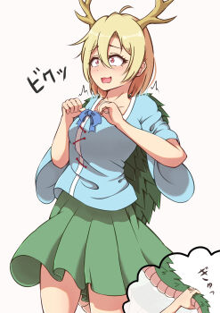 Rule 34 | 1girl, 1other, ^^^, antlers, ayuyu yuka03, blonde hair, blue bow, blue shirt, bow, breasts, collarbone, commentary request, cowboy shot, dot nose, dragon girl, dragon horns, dragon tail, green scales, green skirt, green tail, hair between eyes, hands up, highres, horns, kicchou yachie, light blush, medium breasts, multiple views, open mouth, pleated skirt, red eyes, shirt, short hair, simple background, skirt, sound effects, spiked shell, square neckline, surprised, tail, tail grab, touhou, translation request, turtle shell, wavy mouth, white background, wide-eyed, wide sleeves, yellow horns