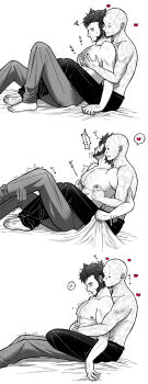 2boys abs absurdres anger_vein animification arm_hair bald barefoot beard bed_sheet blush chest_hair collarbone commentary_request deadpool deadpool_&amp;_wolverine deadpool_(series) doghooouse facial_hair grabbing_from_behind heart highres hug large_pectorals looking_at_another male_focus marvel marvel monochrome multiple_boys muscular muscular_male nipple_stimulation nipple_tweak nipples pants parted_lips pectoral_grab pectorals scar scars_all_over short_hair sitting smile spoken_anger_vein squiggle sweatdrop tears teeth too_many topless_male translation_request trembling wolverine_(x-men) x-men yaoi