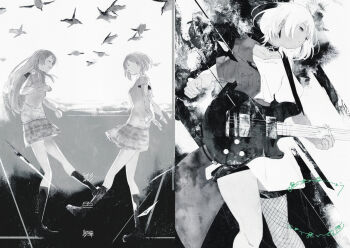 Rule 34 | 3girls, bang dream!, bang dream! it's mygo!!!!!, chihaya anon, comiket 107, commentary request, earrings, fishnet thighhighs, fishnets, greyscale, guitar, haneoka school uniform, holding, holding phone, instrument, jewelry, kaname raana, kneehighs, kushima yu, long hair, monochrome, multiple girls, music, open mouth, phone, plaid clothes, plaid skirt, playing guitar, playing instrument, school uniform, short hair, shorts, single thighhigh, skirt, socks, takamatsu tomori, thighhighs, traditional media