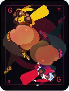 1girl adapted_costume adjusting_clothes adjusting_headwear alternate_color alternate_form alternate_hair_color alternate_skin_color animal_ears ass ass-to-ass ass_focus breasts brown_hair card_(medium) carmessi cosplay dark-skinned_female dark_skin full_body gala_(carmessi) gen_1_pokemon grin hat hat_with_ears highres huge_ass jacket jewelry jumping large_breasts long_hair looking_at_viewer looking_to_the_side multicolored_hair naughty_face nintendo original pikachu pikachu_(cosplay) pikachu_ears pikachu_tail pokemon pokemon_(creature) pokemon_tail shiny_pokemon shiny_skin skindentation smile streaked_hair tail thick_thighs thighhighs thighs thong wide_hips