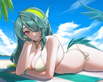1girl arm_under_breasts artist_name beach bead_bracelet beads bikini blue_sky bracelet breasts cecilia_(zenless_zone_zero) cloud collarbone commentary day fins green_hair green_hairband green_nails green_ribbon green_tail hair_over_one_eye hair_ribbon hairband head_fins head_rest highres jewelry large_breasts long_hair looking_at_viewer lying mole mole_on_collarbone nail_polish necklace on_stomach outdoors palm_tree purple_eyes ribbon side-tie_bikini_bottom sky smile solo svet_yomi swimsuit tree yellow_bikini zenless_zone_zero
