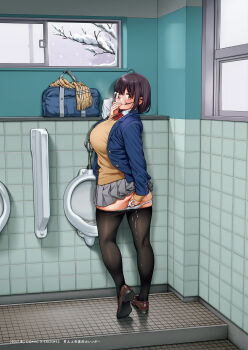 1girl absurdres aftersex ass bag black_hair black_pantyhose blazer blush boots bow bowtie breasts brown_shoes brown_sweater clothes_pull collared_shirt cum cum_on_body cum_on_legs cumdrip glasses grey_skirt heel_up highres indoors inoue_kiyoshirou jacket large_breasts layered_sleeves loafers long_sleeves looking_at_viewer looking_back miniskirt non-web_source open_clothes open_jacket original panties panty_pull pantyhose pantyhose_pull pleated_skirt public_restroom public_use red_bow red_bowtie scarf school_bag school_uniform shirt shoes skirt snow solo standing sweater thighs tile_floor tile_wall tiles tissue toilet twisted_torso underwear unworn_bag unworn_scarf urinal white_panties white_shirt winter_uniform