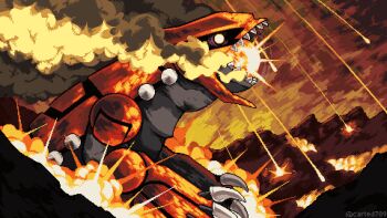 Rule 34 | claws, commentary, english commentary, eruption, explosion, gen 3 pokemon, glowing, glowing eyes, groudon, highres, legendary pokemon, nintendo, no humans, open mouth, pixel art, pokemon, pokemon (creature), pokemon focus, sharp teeth, slycarted789, smoke, teeth, twitter username, yellow eyes